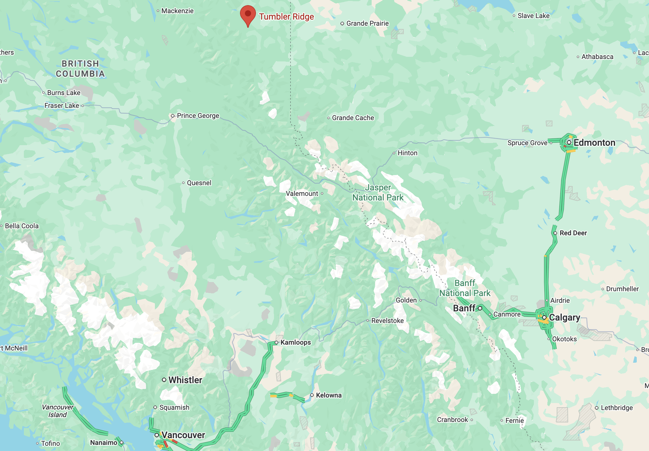 A map of BC and Alberta showing location of Tumbler Ridge